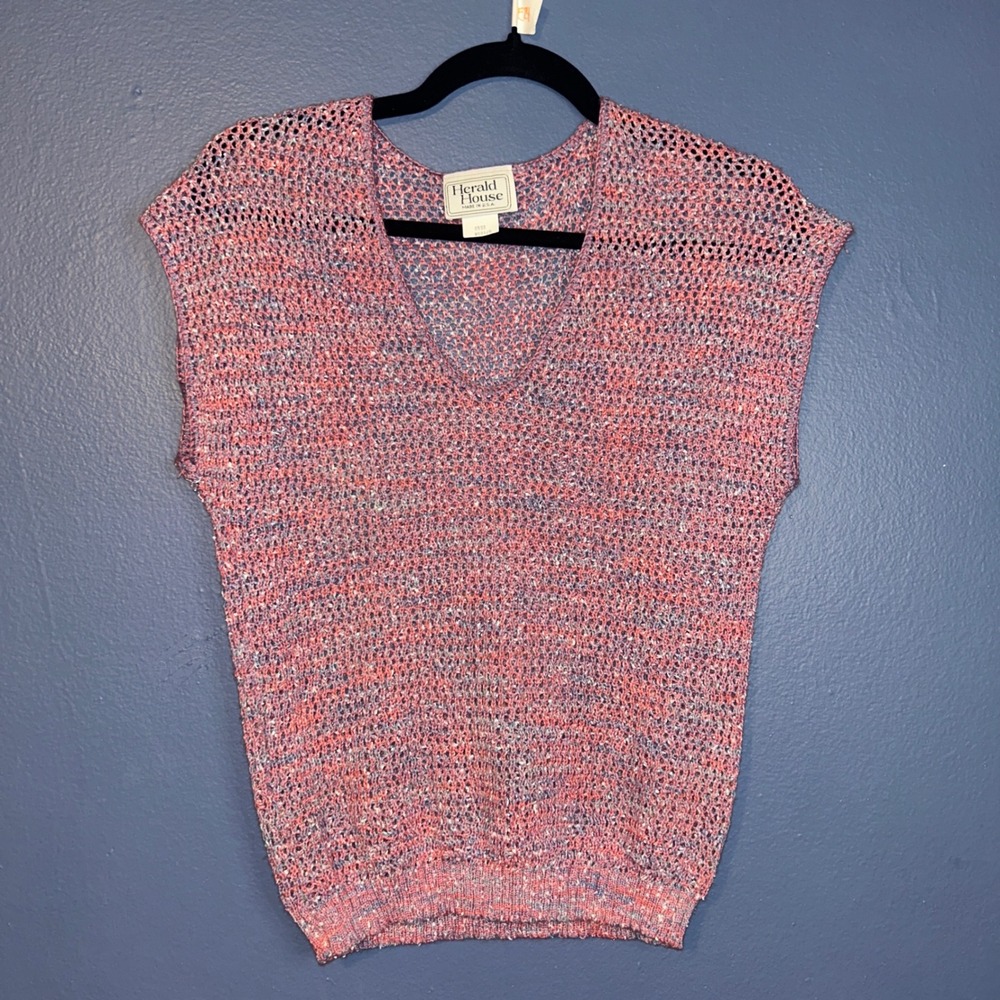 Vtg Herald House Knit Vest Crochet Boho Grannycore Womens Medium Pink Blue